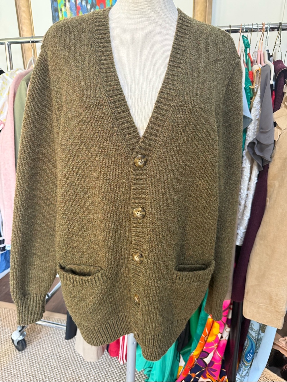 Pendleton Shetland Collection Olive Green V-Neck Button Front Cardigan
